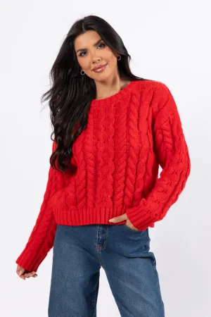 A Cozy Place Red Cable Knit Crew Neck Sweater FINAL SALE