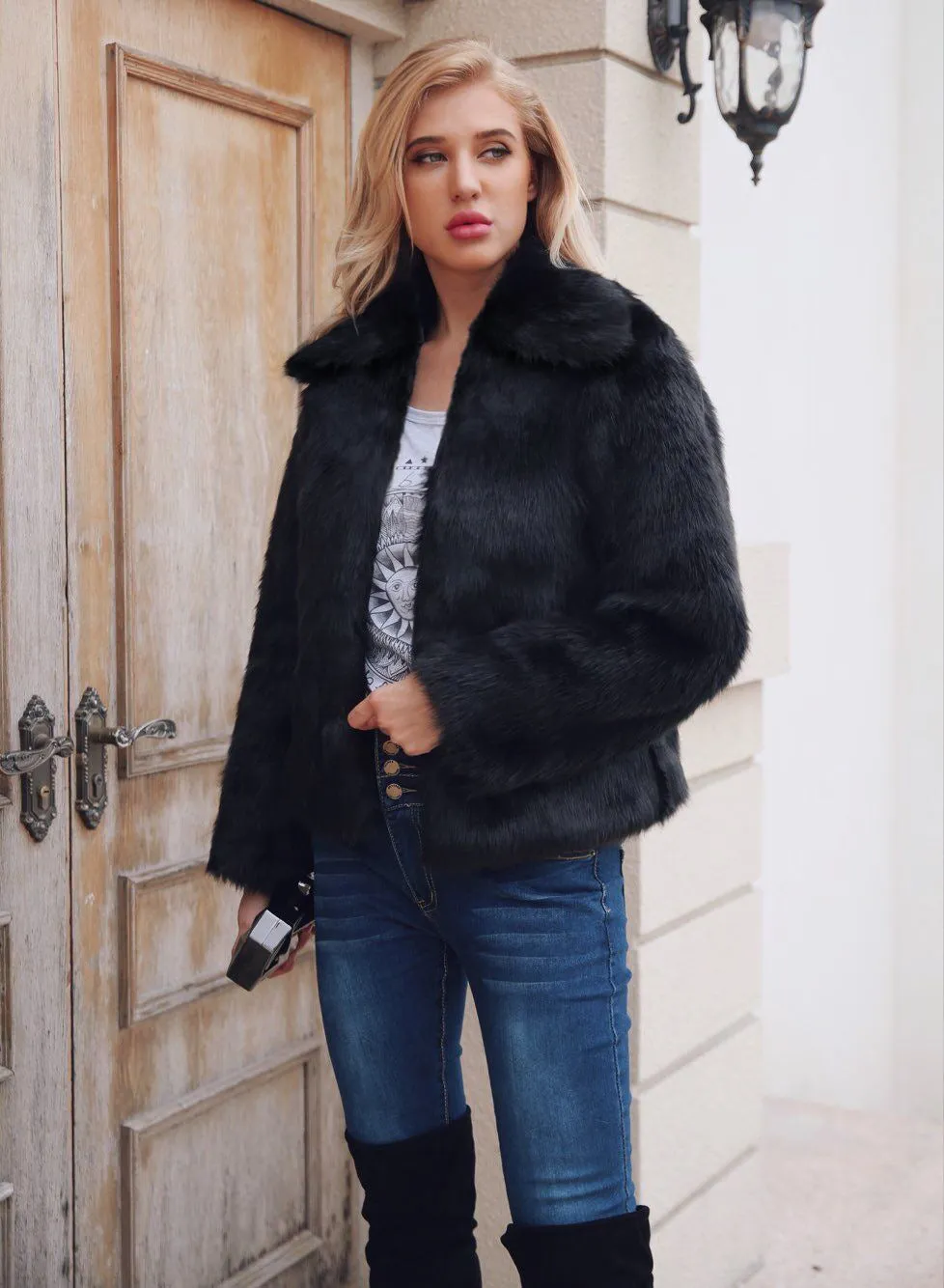 Autumn and Winter New Popular Casual Lapel Faux Fur Coat