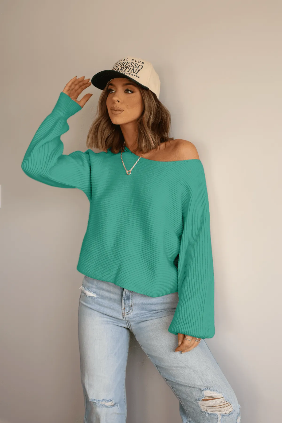 Avery Ribbed Boat Neck Sweater - Green - FINAL SALE