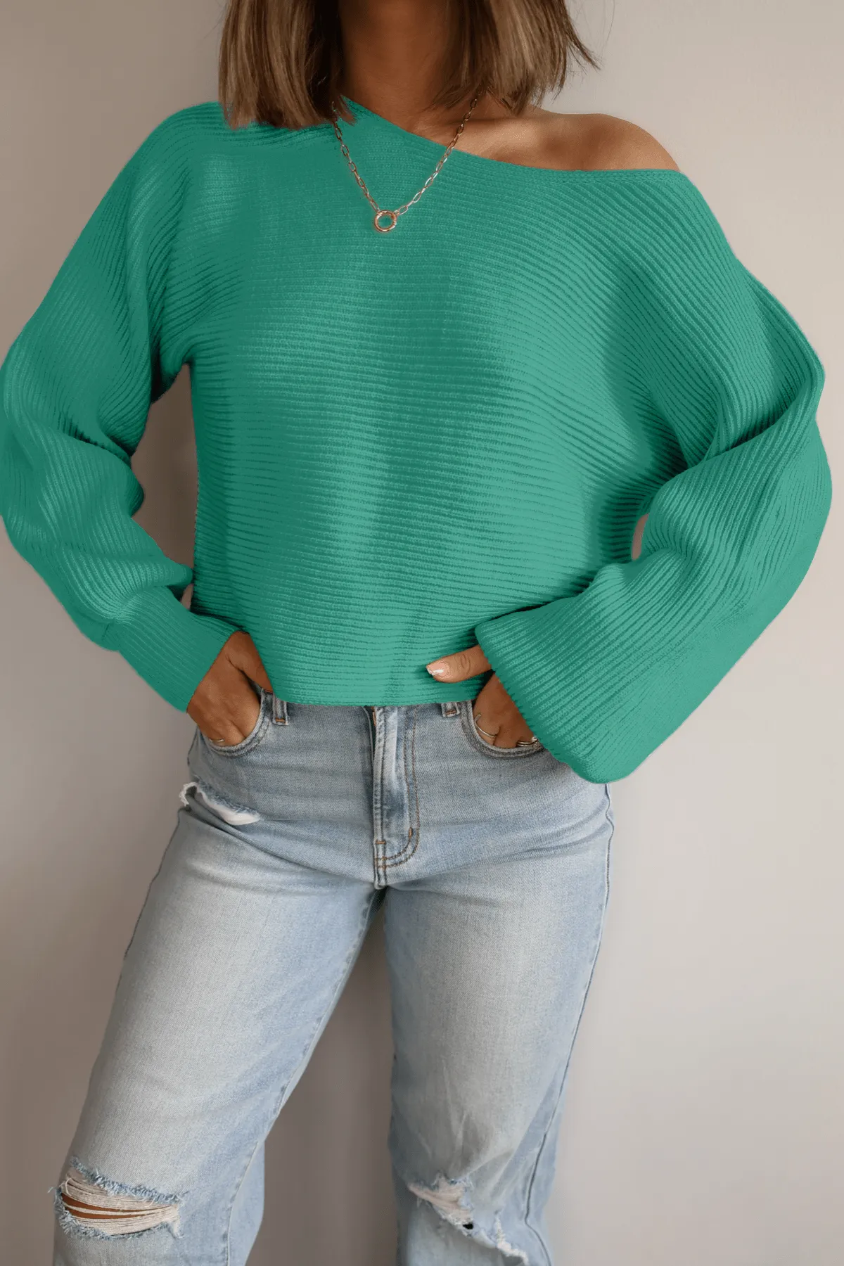 Avery Ribbed Boat Neck Sweater - Green - FINAL SALE