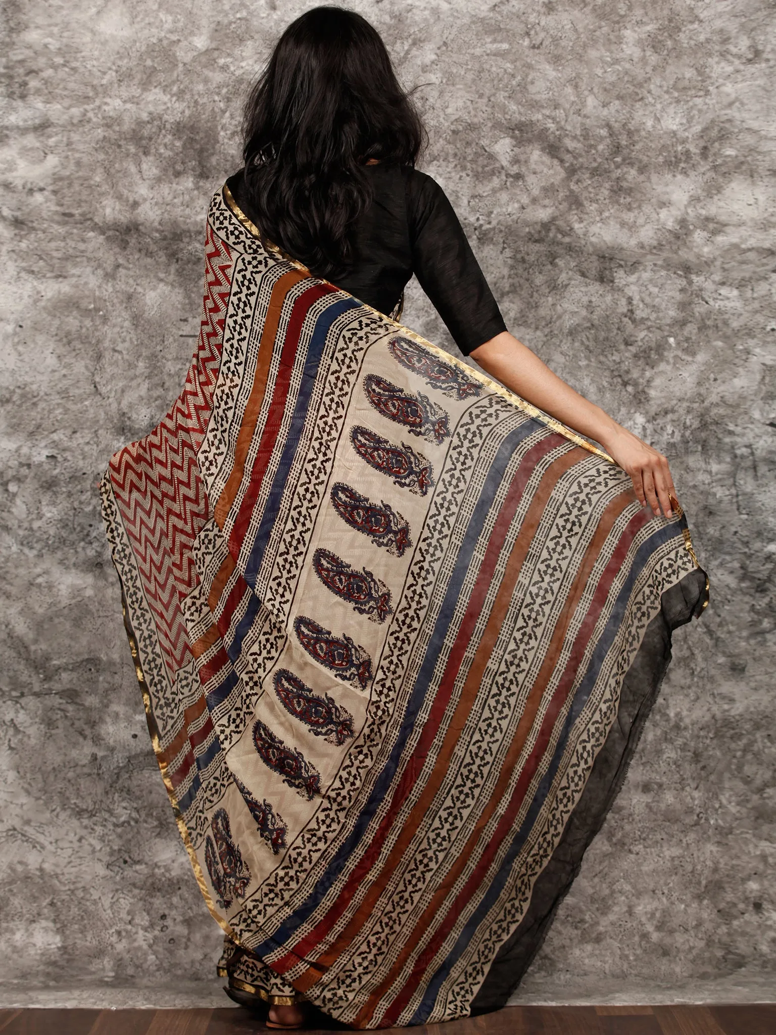 Beige Maroon Black Hand Block Printed Chiffon Saree with Zari Border - S031703495
