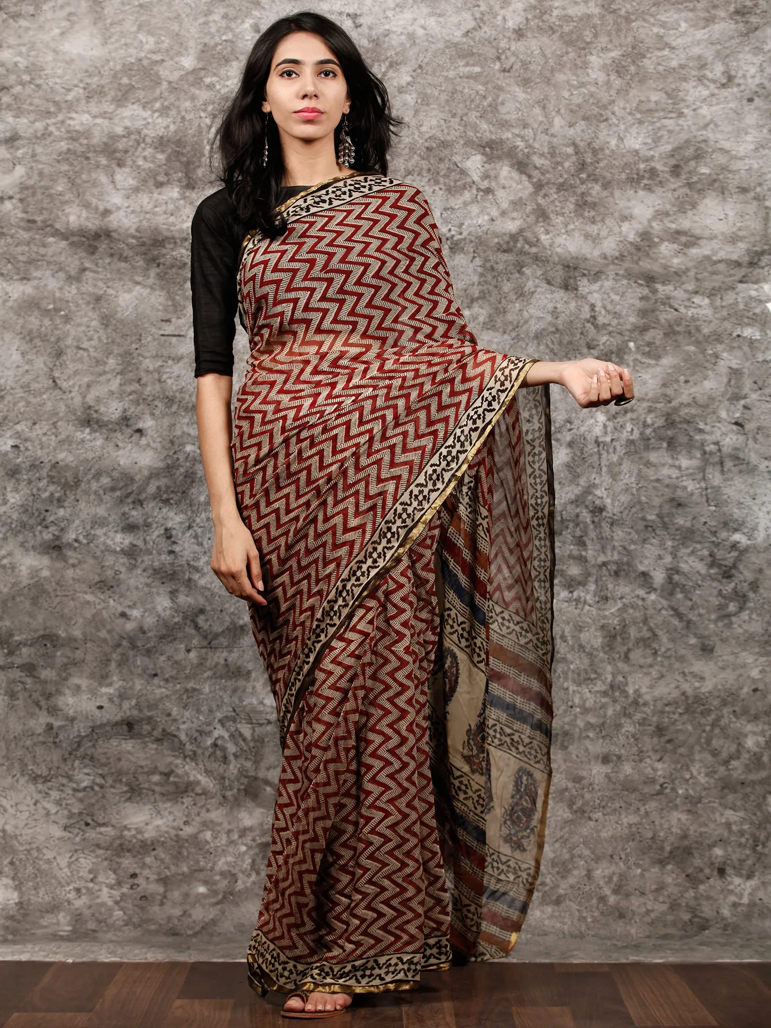 Beige Maroon Black Hand Block Printed Chiffon Saree with Zari Border - S031703495