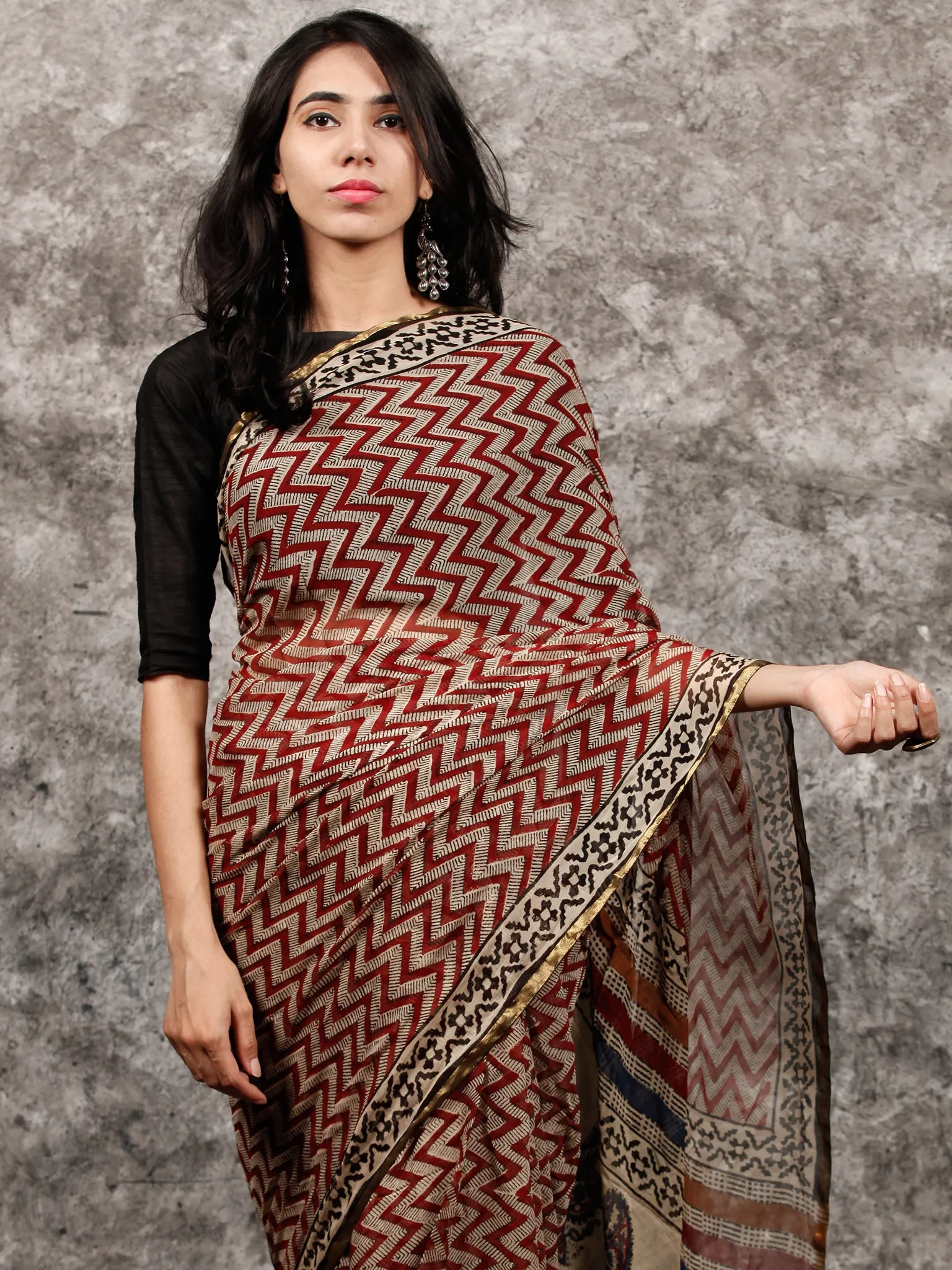Beige Maroon Black Hand Block Printed Chiffon Saree with Zari Border - S031703495