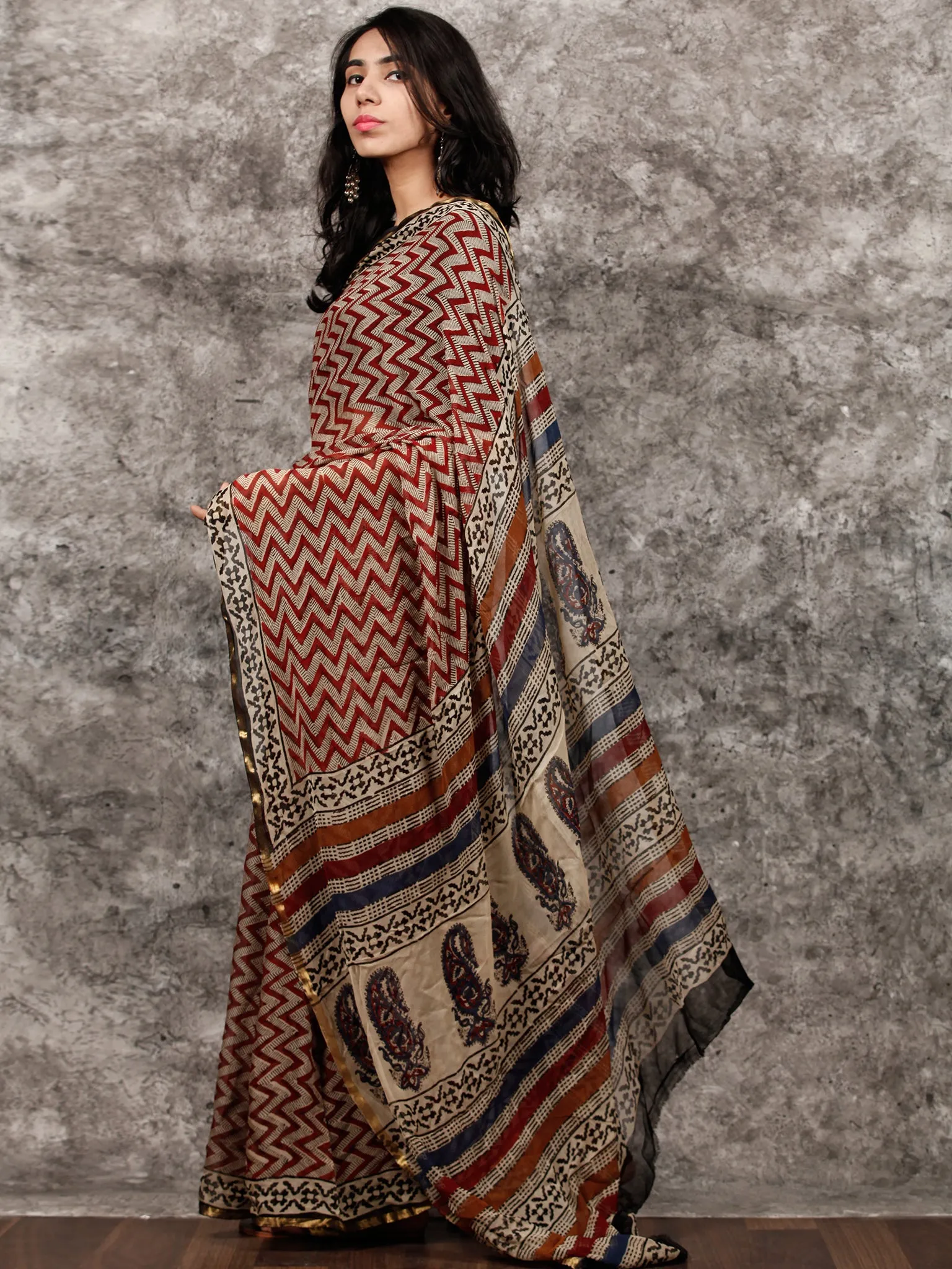 Beige Maroon Black Hand Block Printed Chiffon Saree with Zari Border - S031703495