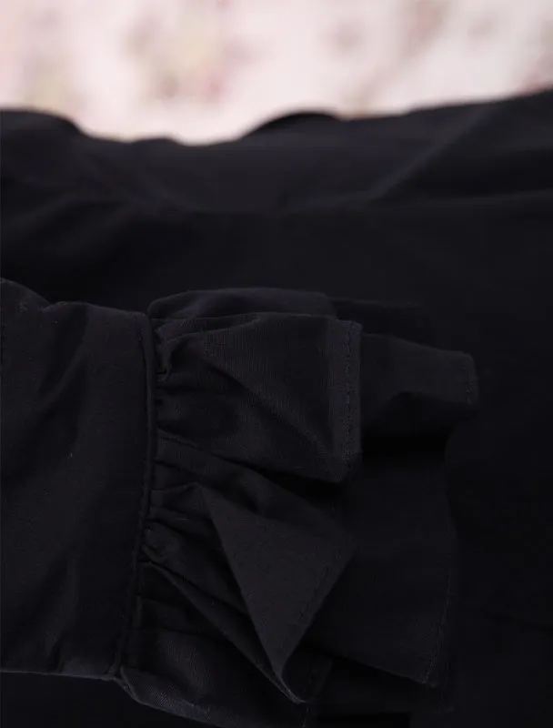 Black Cotton Lolita Blouse Long Sleeves Stand Collar Ruffles Bow