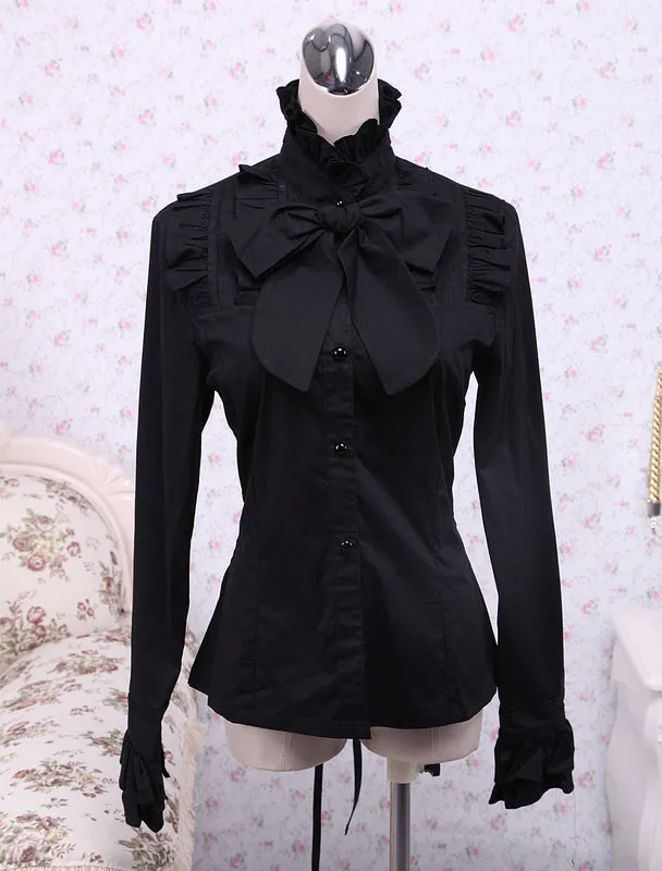 Black Cotton Lolita Blouse Long Sleeves Stand Collar Ruffles Bow