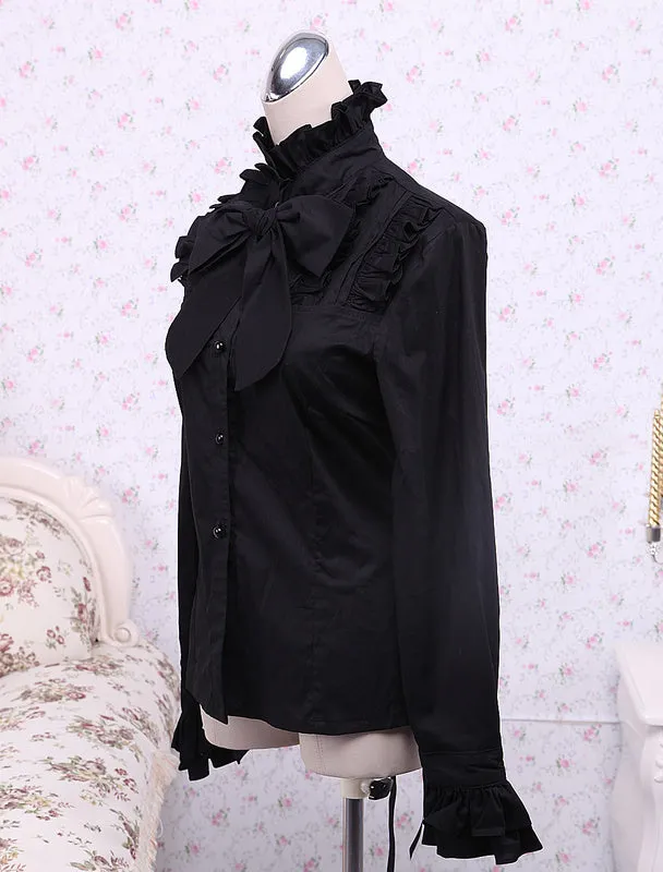Black Cotton Lolita Blouse Long Sleeves Stand Collar Ruffles Bow