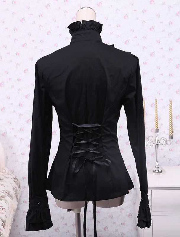 Black Cotton Lolita Blouse Long Sleeves Stand Collar Ruffles Bow
