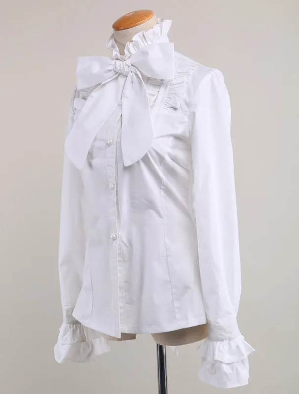 Black Cotton Lolita Blouse Long Sleeves Stand Collar Ruffles Bow