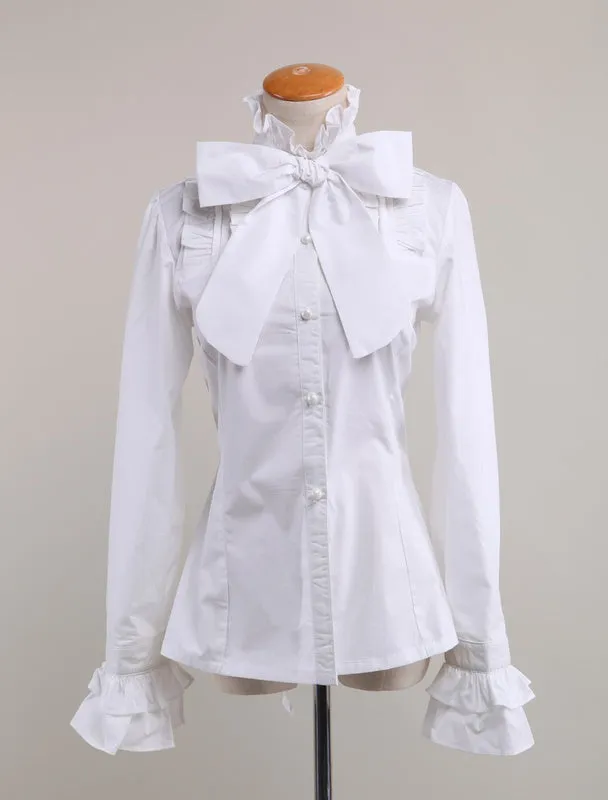 Black Cotton Lolita Blouse Long Sleeves Stand Collar Ruffles Bow