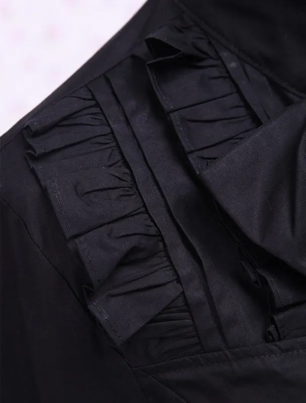 Black Cotton Lolita Blouse Long Sleeves Stand Collar Ruffles Bow