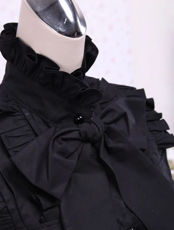 Black Cotton Lolita Blouse Long Sleeves Stand Collar Ruffles Bow