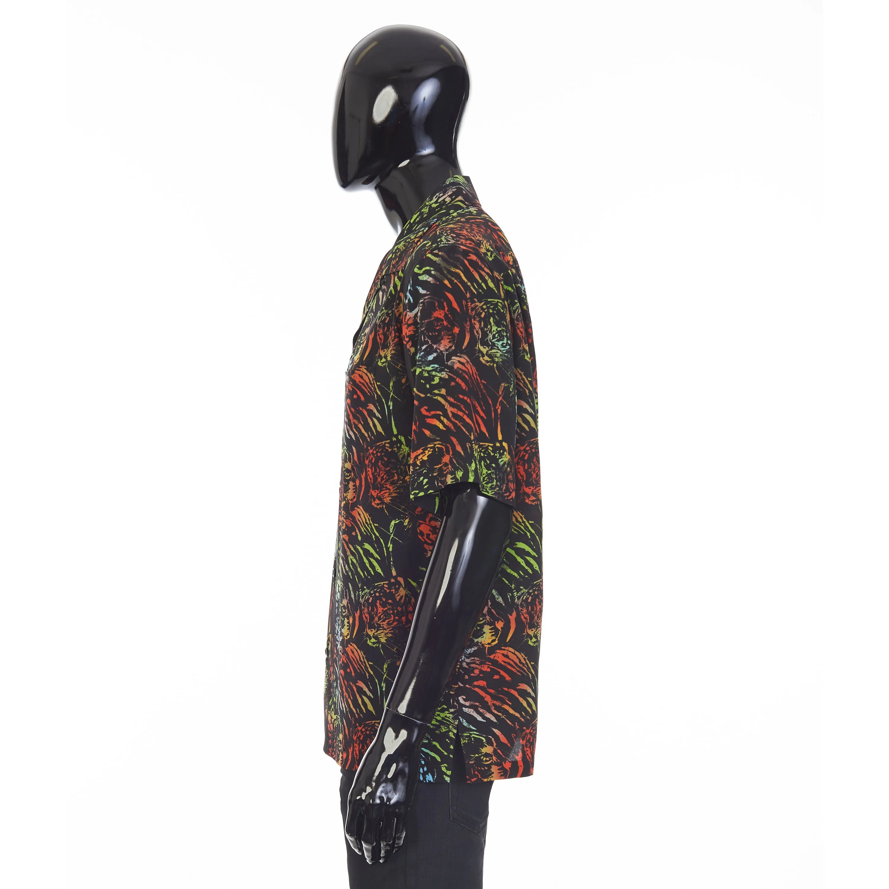 Black Hawaiian Shirt - Neon Tiger Print, Crepe De Chine Silk, Loose Fit