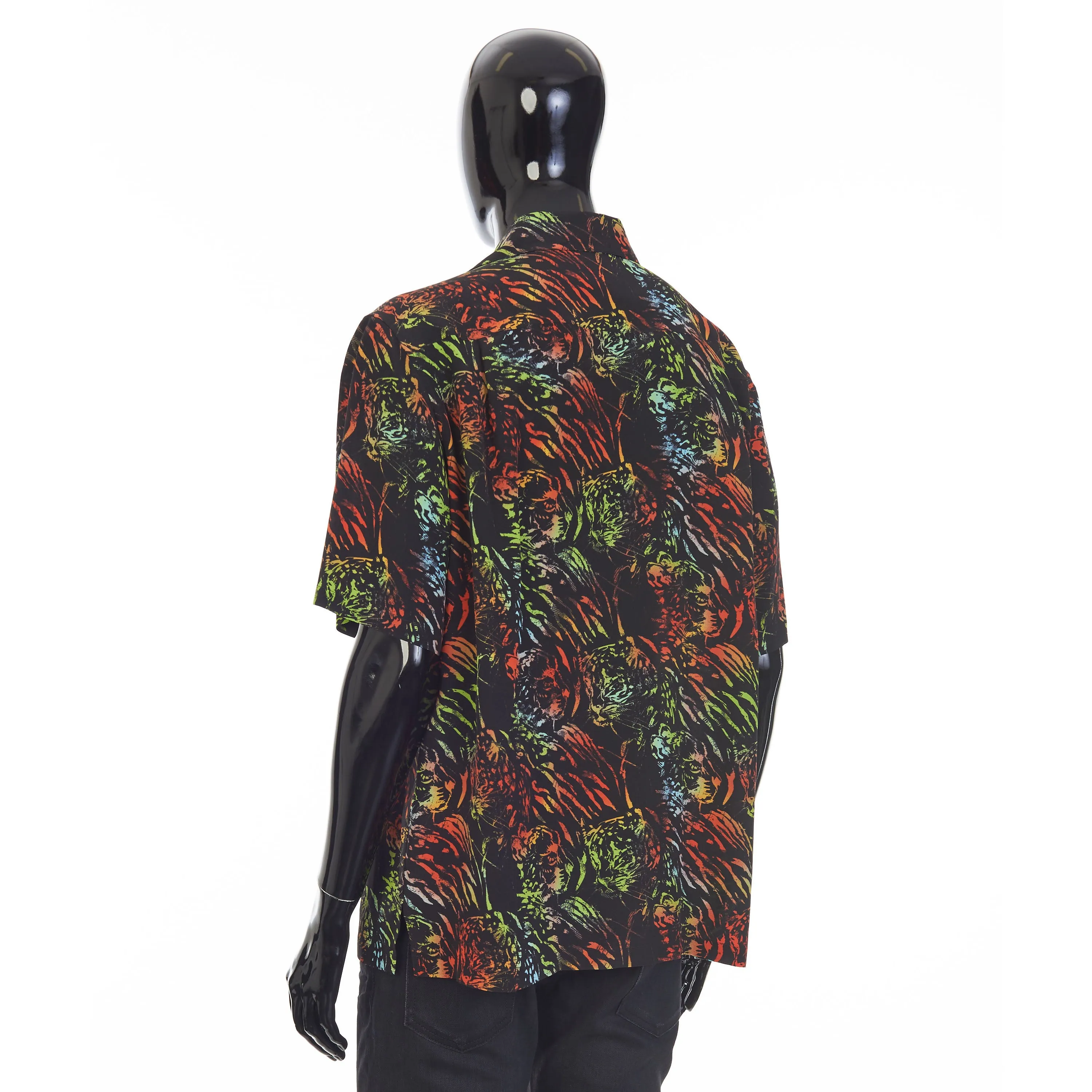 Black Hawaiian Shirt - Neon Tiger Print, Crepe De Chine Silk, Loose Fit