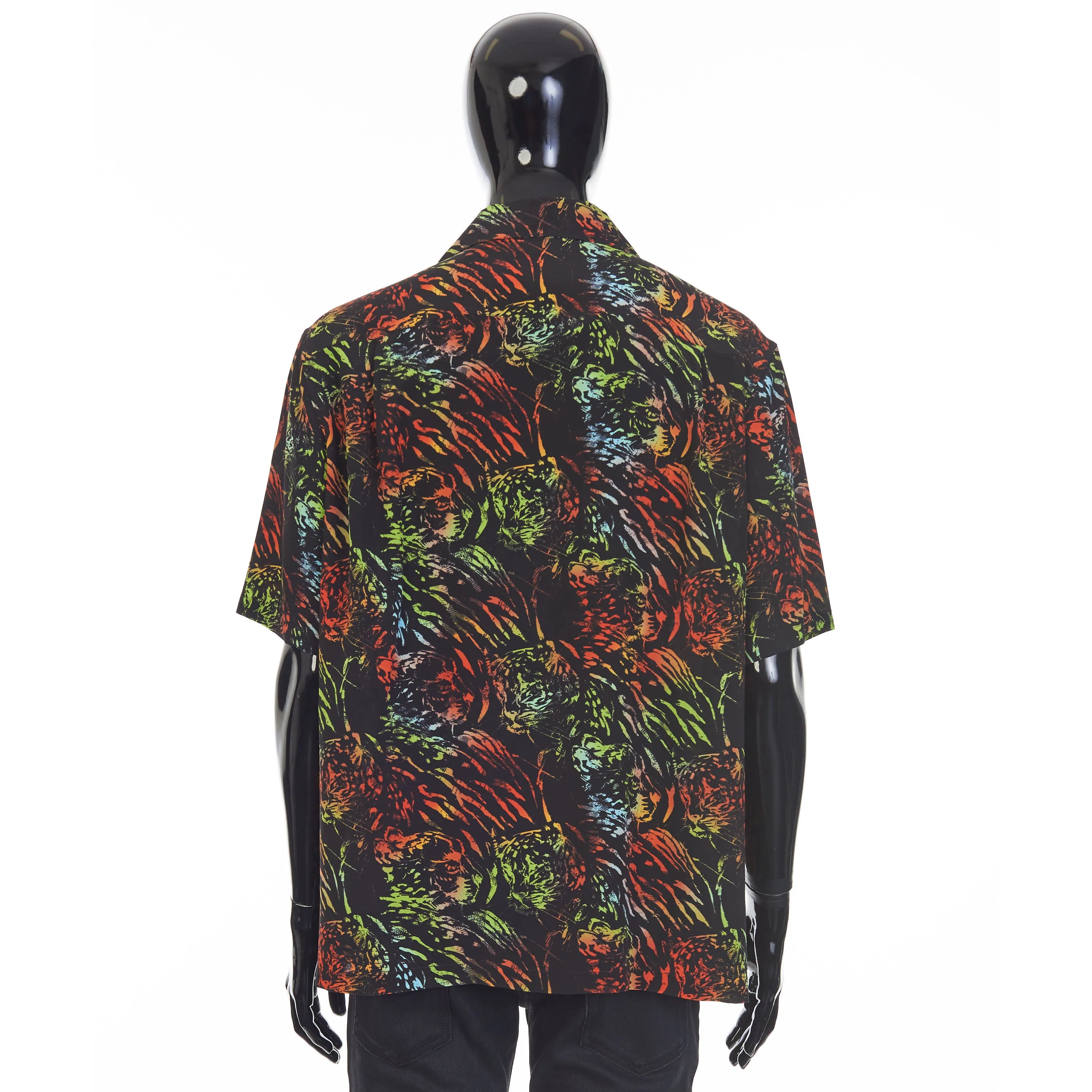 Black Hawaiian Shirt - Neon Tiger Print, Crepe De Chine Silk, Loose Fit
