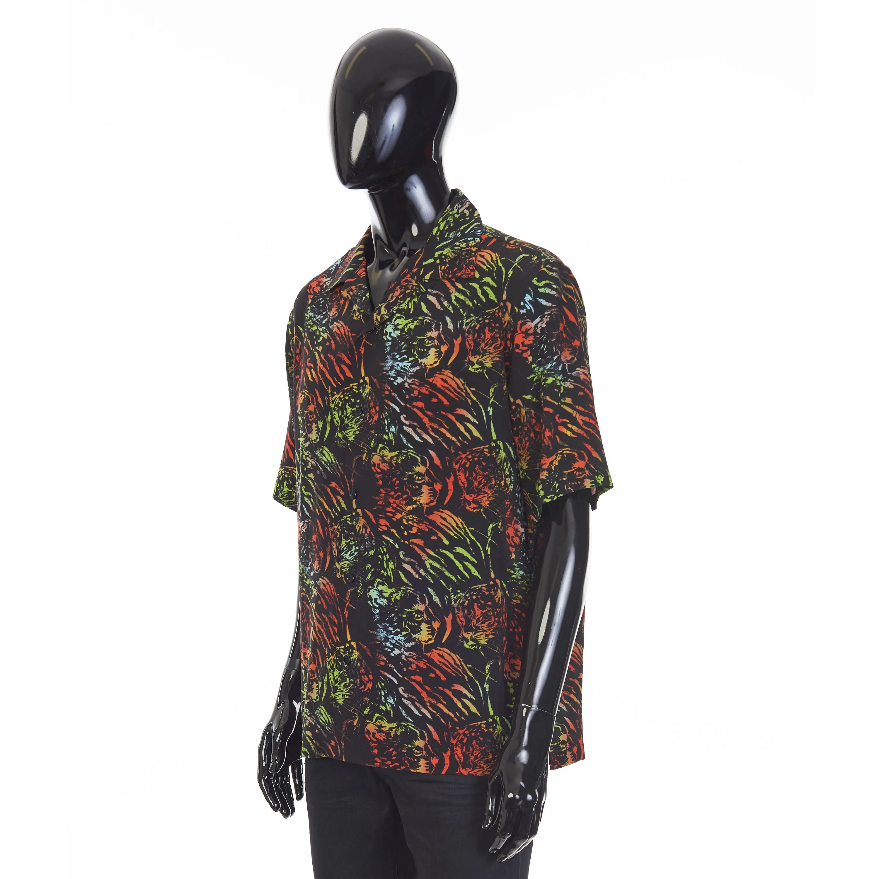 Black Hawaiian Shirt - Neon Tiger Print, Crepe De Chine Silk, Loose Fit