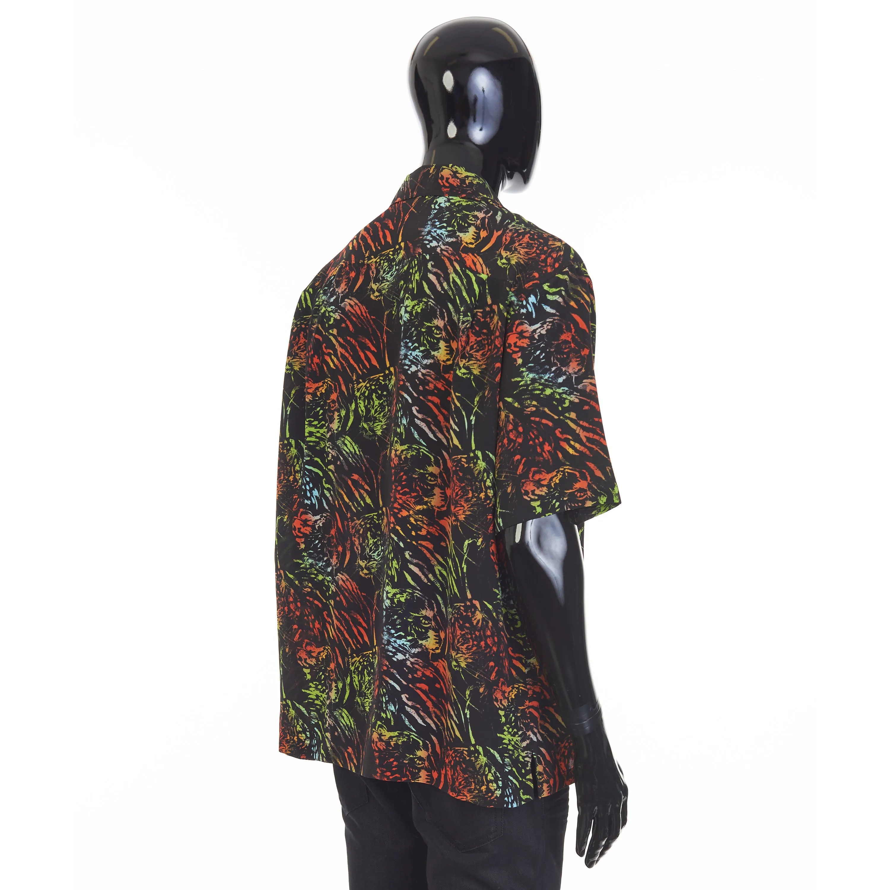 Black Hawaiian Shirt - Neon Tiger Print, Crepe De Chine Silk, Loose Fit