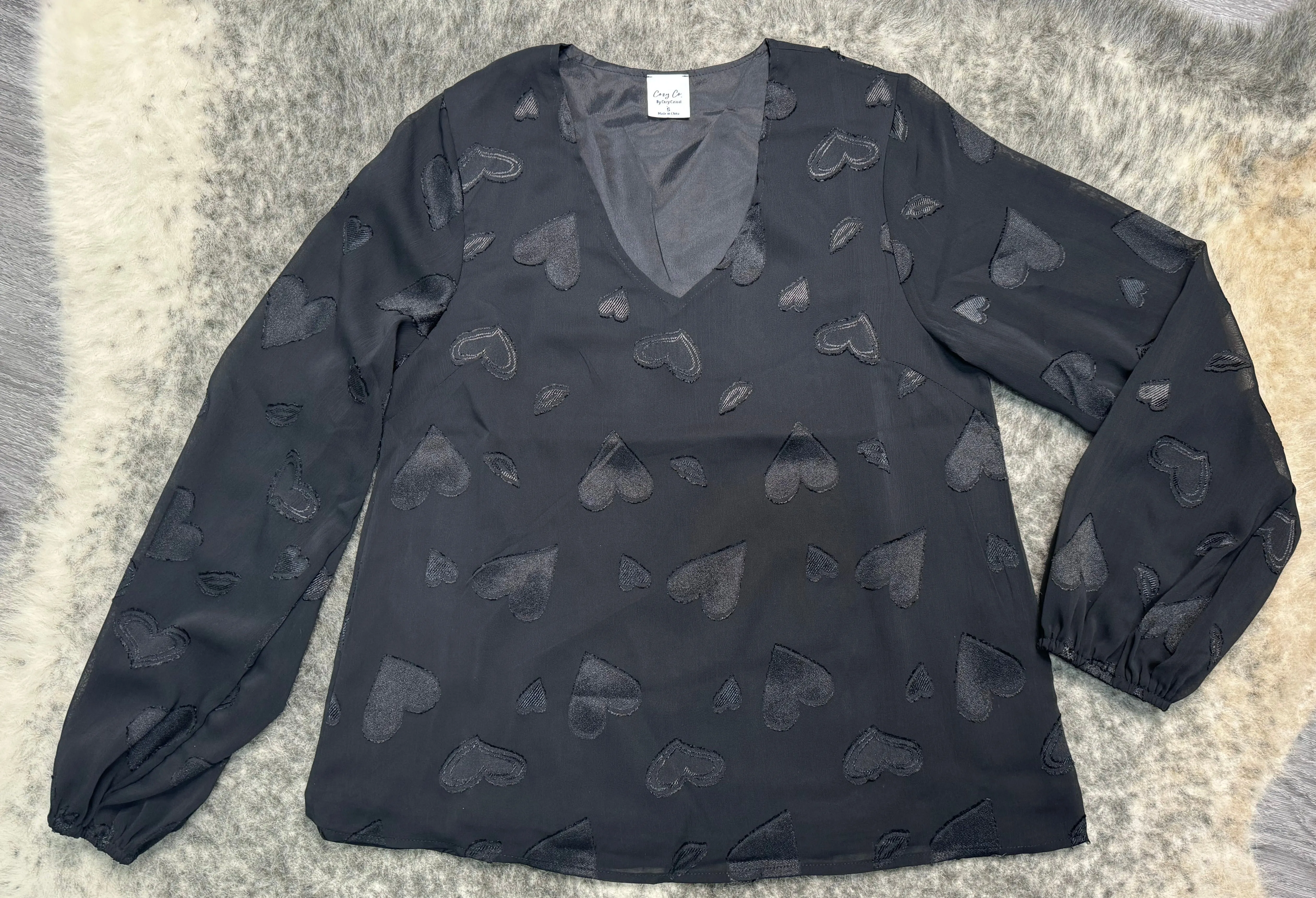 Black Long Sleeve Blouse with Hearts