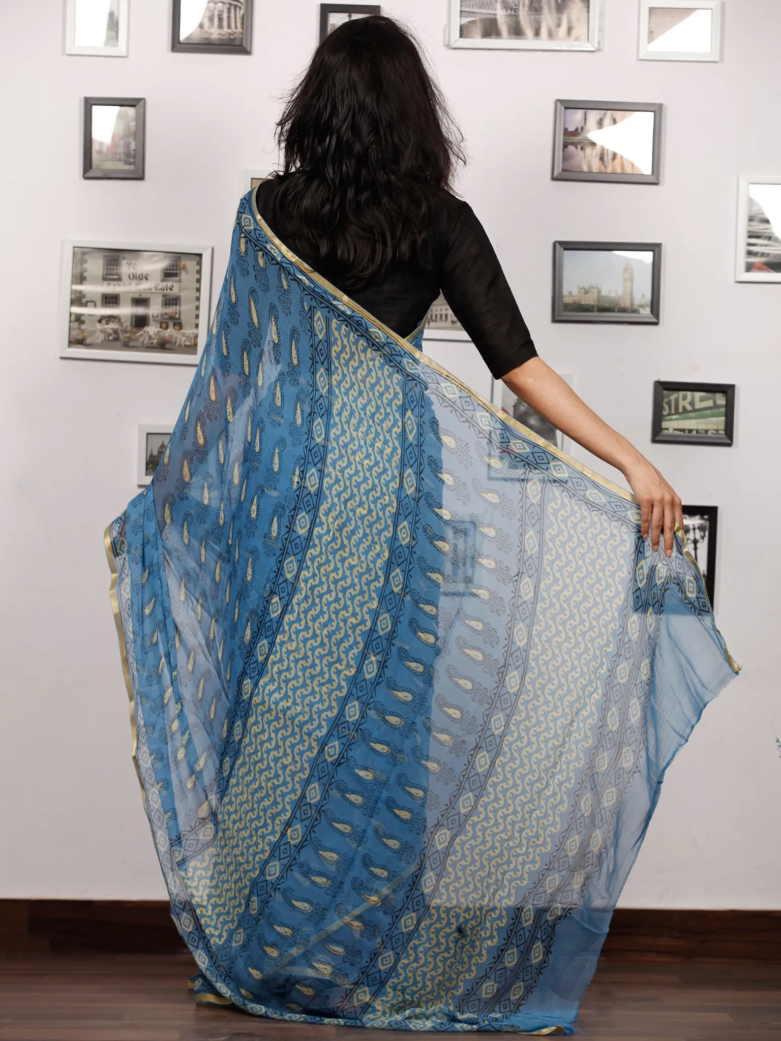 Blue Lime Black Hand Block Printed Chiffon Saree with Zari Border - S031703505