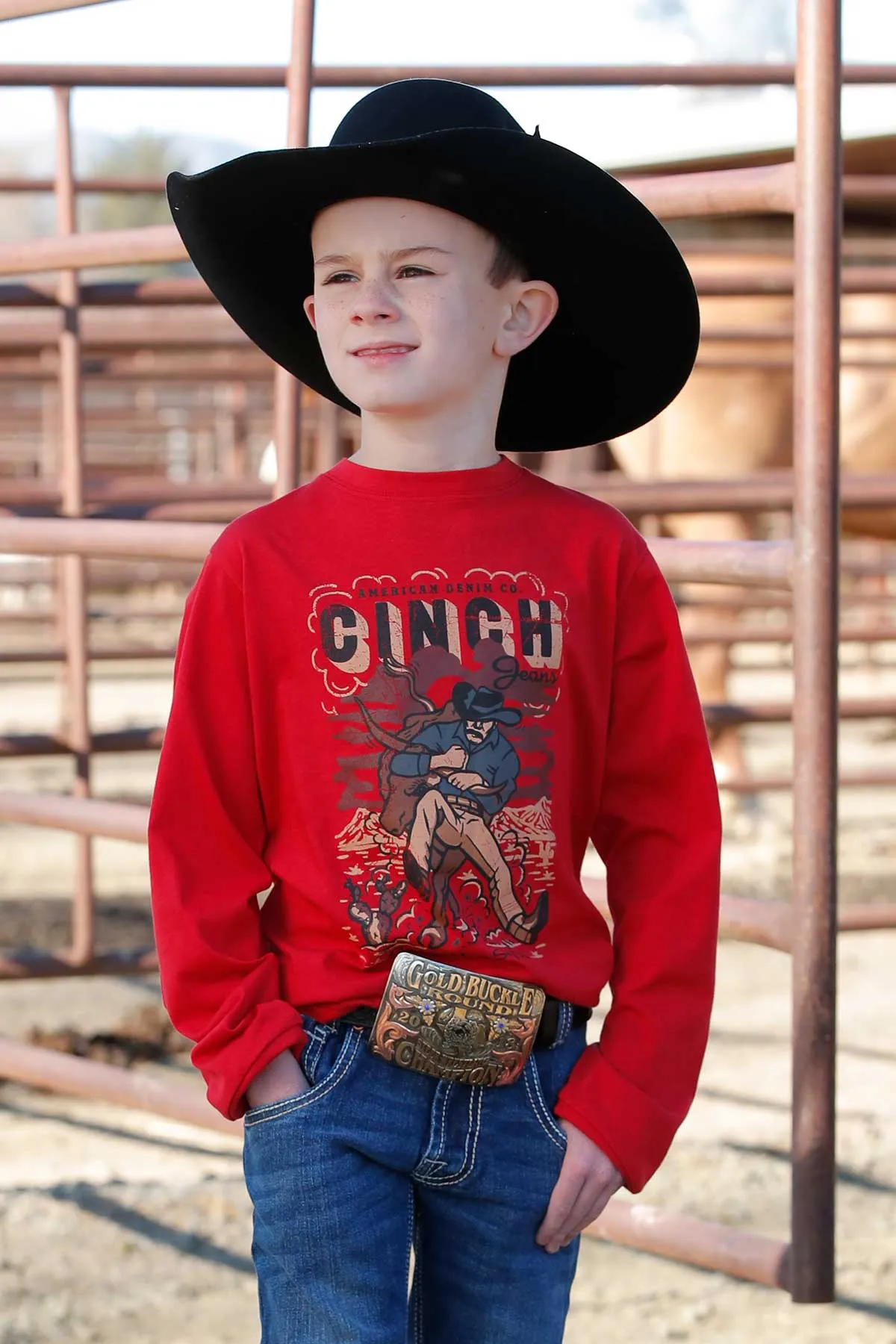 BOYS RED STEER WRESTLER LONG SLEEVE TEE SHIRT