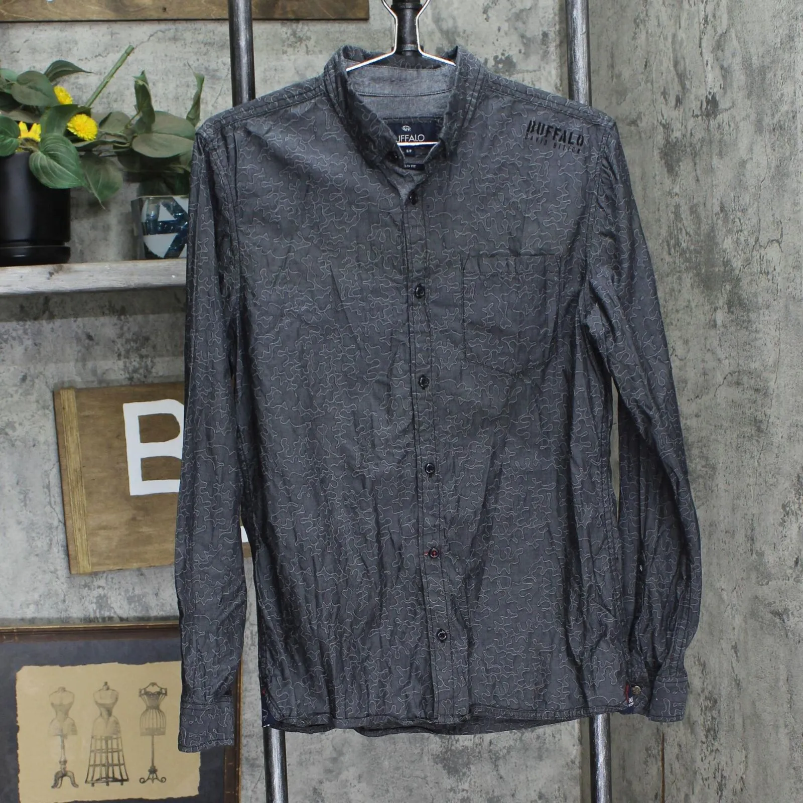 Buffalo by David Button Mens Slim Fit Union Made Button Up Shirt Gray Multi S