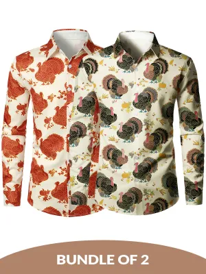 Bundle Of 2 | Men's Thanksgiving Turkey Day Fall Festival Gift Funny Holiday Button Long Sleeve Shirts