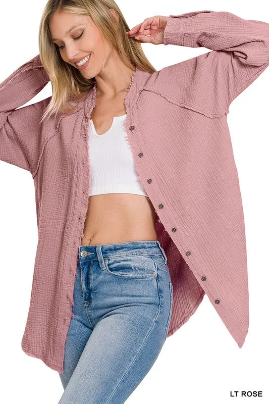 BUTTON DOWN RAW EDGE SHIRT - Zenana