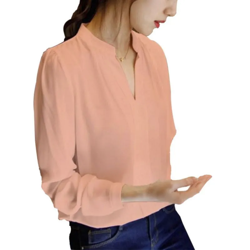 Casual White Womens Chiffon Blouse Ladies Solid Elegant V-neck Blouses Long Sleeve OL Office Shirt Plus Size
