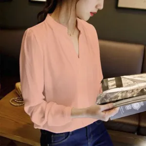 Casual White Womens Chiffon Blouse Ladies Solid Elegant V-neck Blouses Long Sleeve OL Office Shirt Plus Size