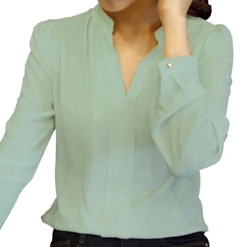 Casual White Womens Chiffon Blouse Ladies Solid Elegant V-neck Blouses Long Sleeve OL Office Shirt Plus Size