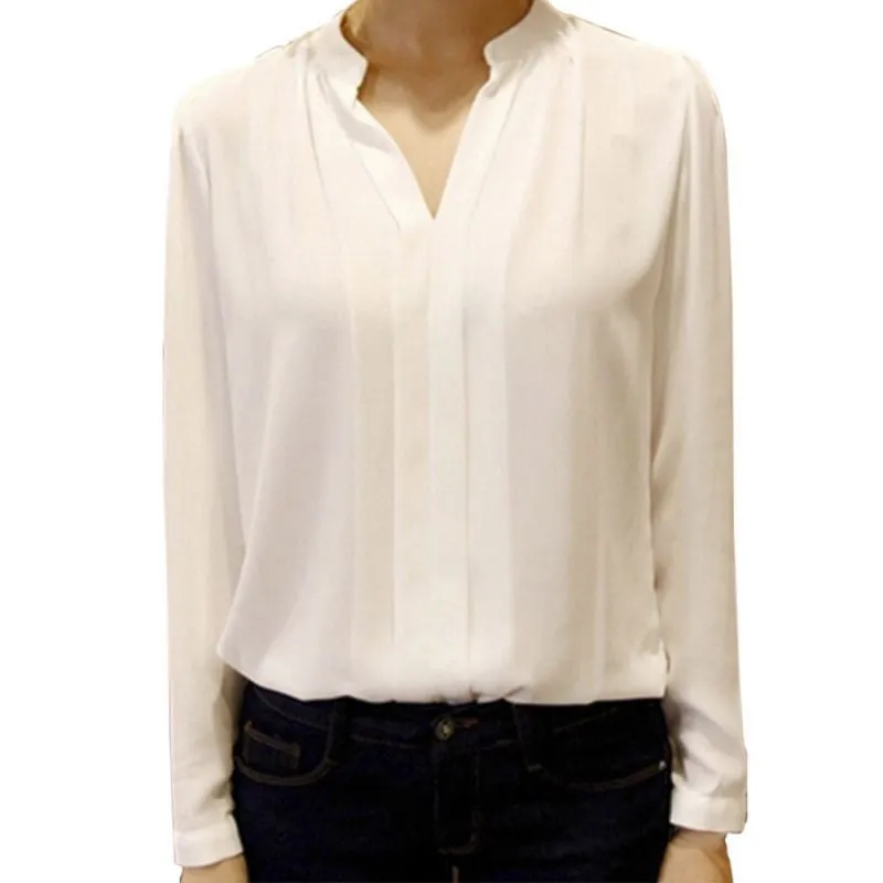 Casual White Womens Chiffon Blouse Ladies Solid Elegant V-neck Blouses Long Sleeve OL Office Shirt Plus Size
