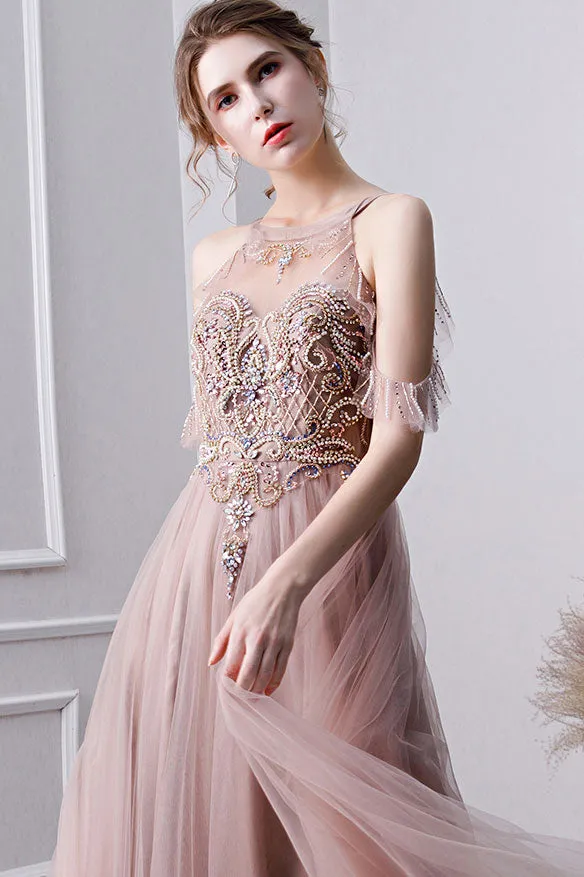 Champagne tulle beads long prom dress, champagne evening dress