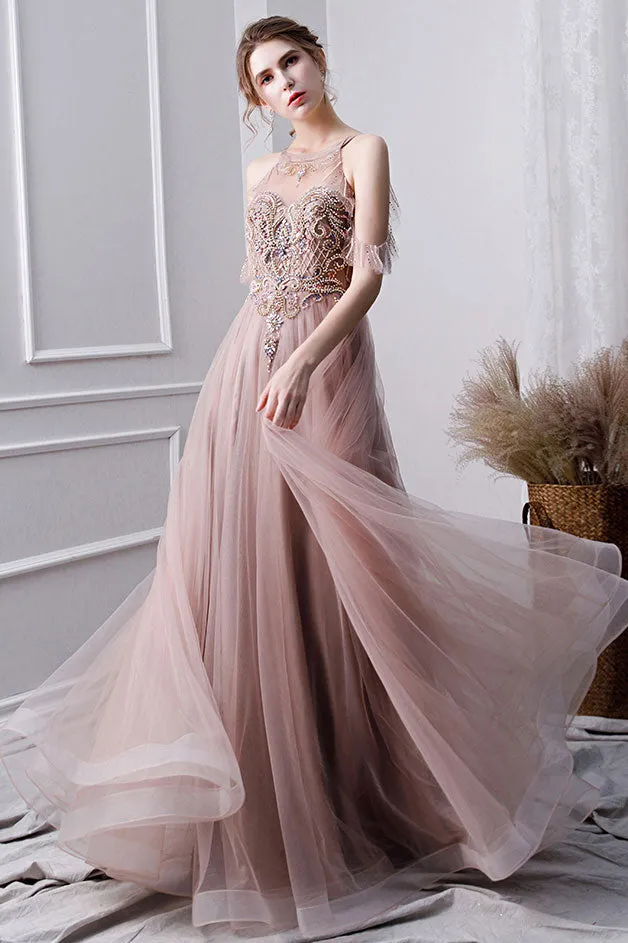Champagne tulle beads long prom dress, champagne evening dress