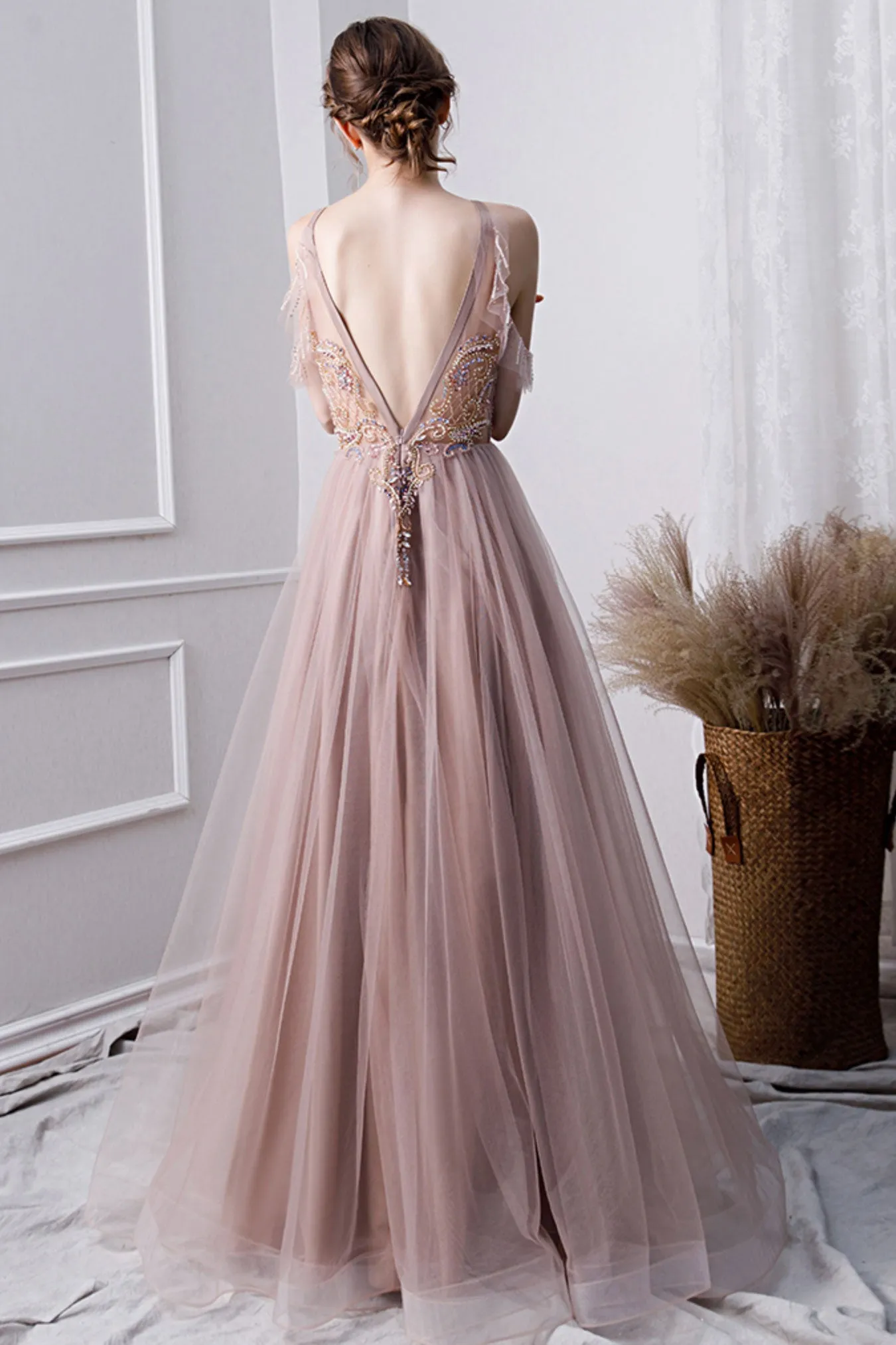Champagne tulle beads long prom dress, champagne evening dress