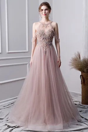 Champagne tulle beads long prom dress, champagne evening dress