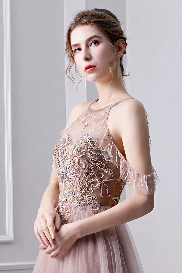Champagne tulle beads long prom dress, champagne evening dress