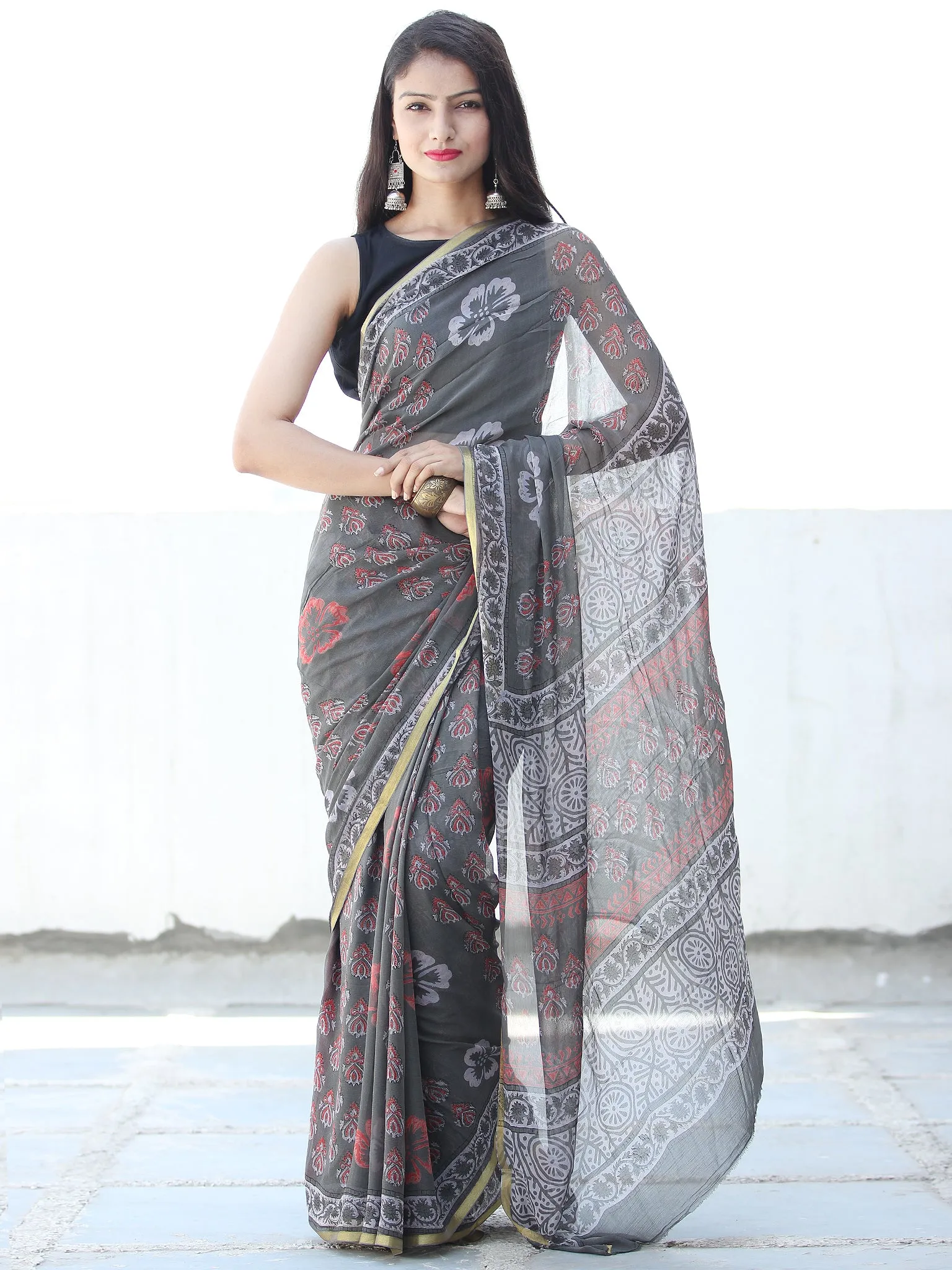 Charcoal Grey Pink Hand Block Printed Chiffon Saree with Zari Border - S031703923