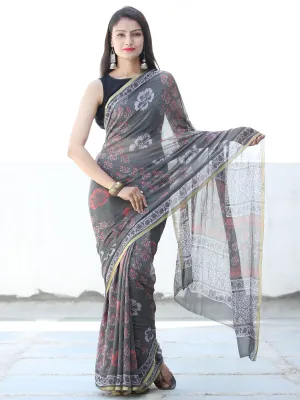 Charcoal Grey Pink Hand Block Printed Chiffon Saree with Zari Border - S031703923