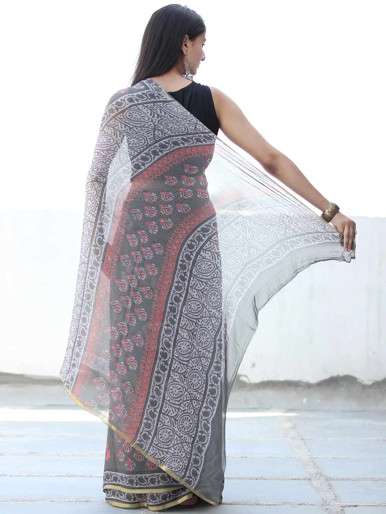 Charcoal Grey Pink Hand Block Printed Chiffon Saree with Zari Border - S031703923