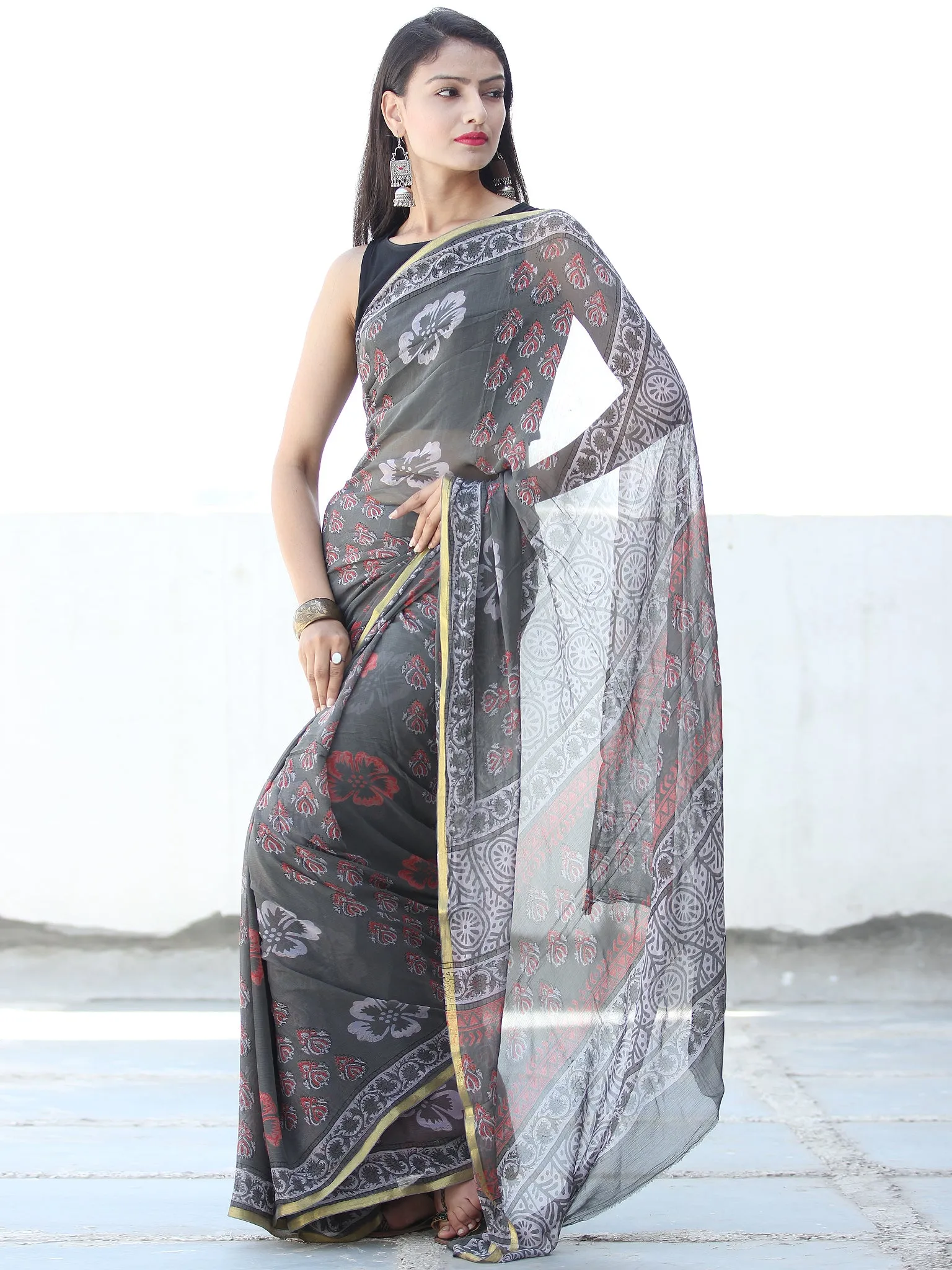 Charcoal Grey Pink Hand Block Printed Chiffon Saree with Zari Border - S031703923