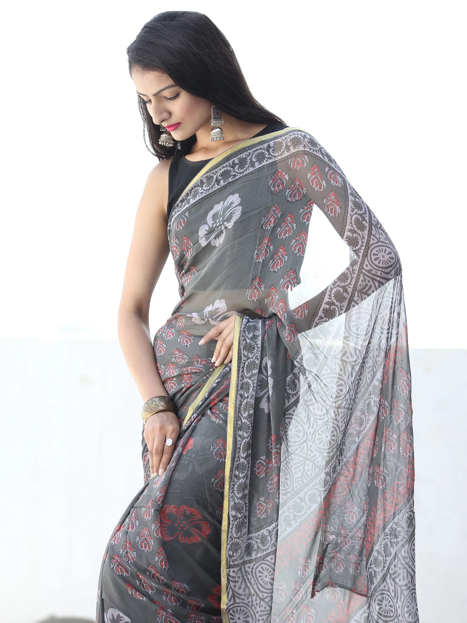 Charcoal Grey Pink Hand Block Printed Chiffon Saree with Zari Border - S031703923