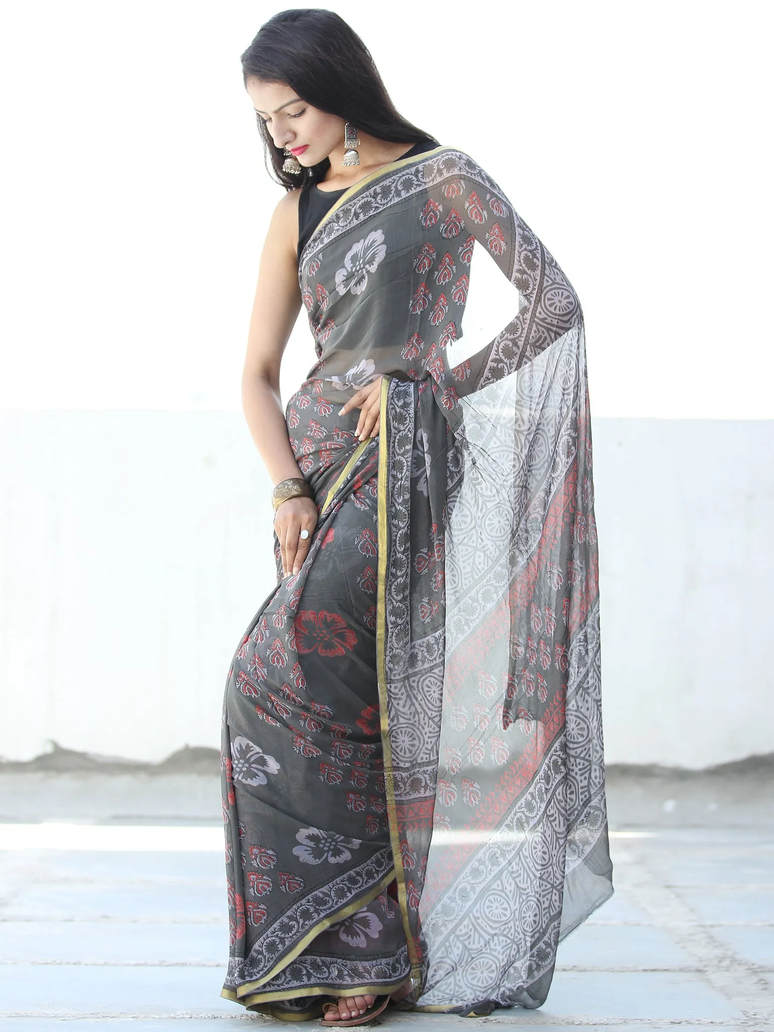Charcoal Grey Pink Hand Block Printed Chiffon Saree with Zari Border - S031703923