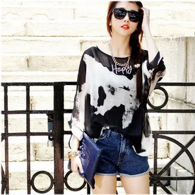 Chiffon Shirts 6XL Plus Size Women Clothing Novelty Plaid Print Blouses Batwing Sleeve Women's Casual Tops