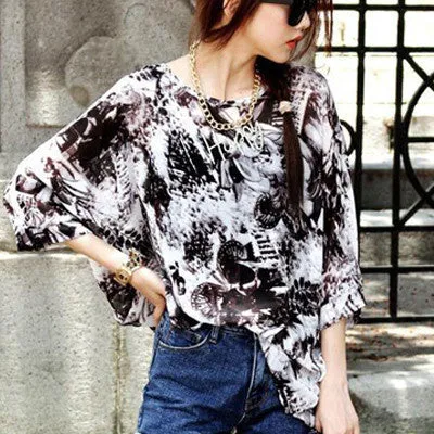 Chiffon Shirts 6XL Plus Size Women Clothing Novelty Plaid Print Blouses Batwing Sleeve Women's Casual Tops