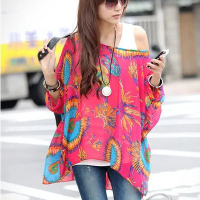 Chiffon Shirts 6XL Plus Size Women Clothing Novelty Plaid Print Blouses Batwing Sleeve Women's Casual Tops