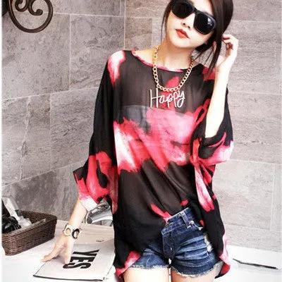 Chiffon Shirts 6XL Plus Size Women Clothing Novelty Plaid Print Blouses Batwing Sleeve Women's Casual Tops