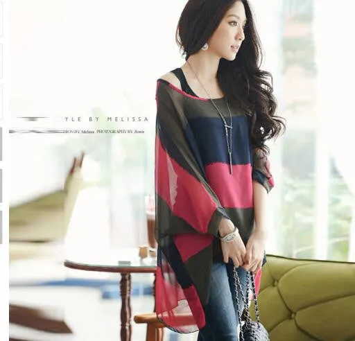 Chiffon Shirts 6XL Plus Size Women Clothing Novelty Plaid Print Blouses Batwing Sleeve Women's Casual Tops