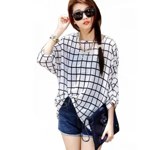 Chiffon Shirts 6XL Plus Size Women Clothing Novelty Plaid Print Blouses Batwing Sleeve Women's Casual Tops