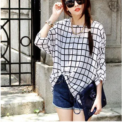 Chiffon Shirts 6XL Plus Size Women Clothing Novelty Plaid Print Blouses Batwing Sleeve Women's Casual Tops