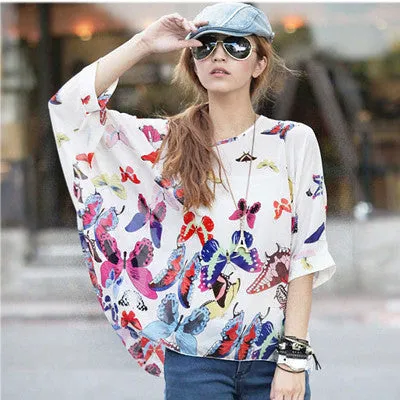 Chiffon Shirts 6XL Plus Size Women Clothing Novelty Plaid Print Blouses Batwing Sleeve Women's Casual Tops